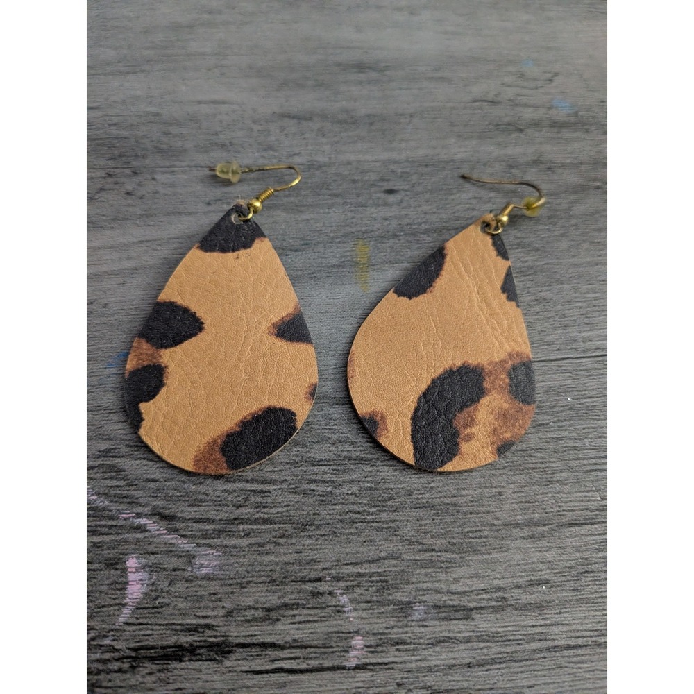 Leopard Print Teardrop Faux Leather Earrings Tan Black Animal Print Dangle